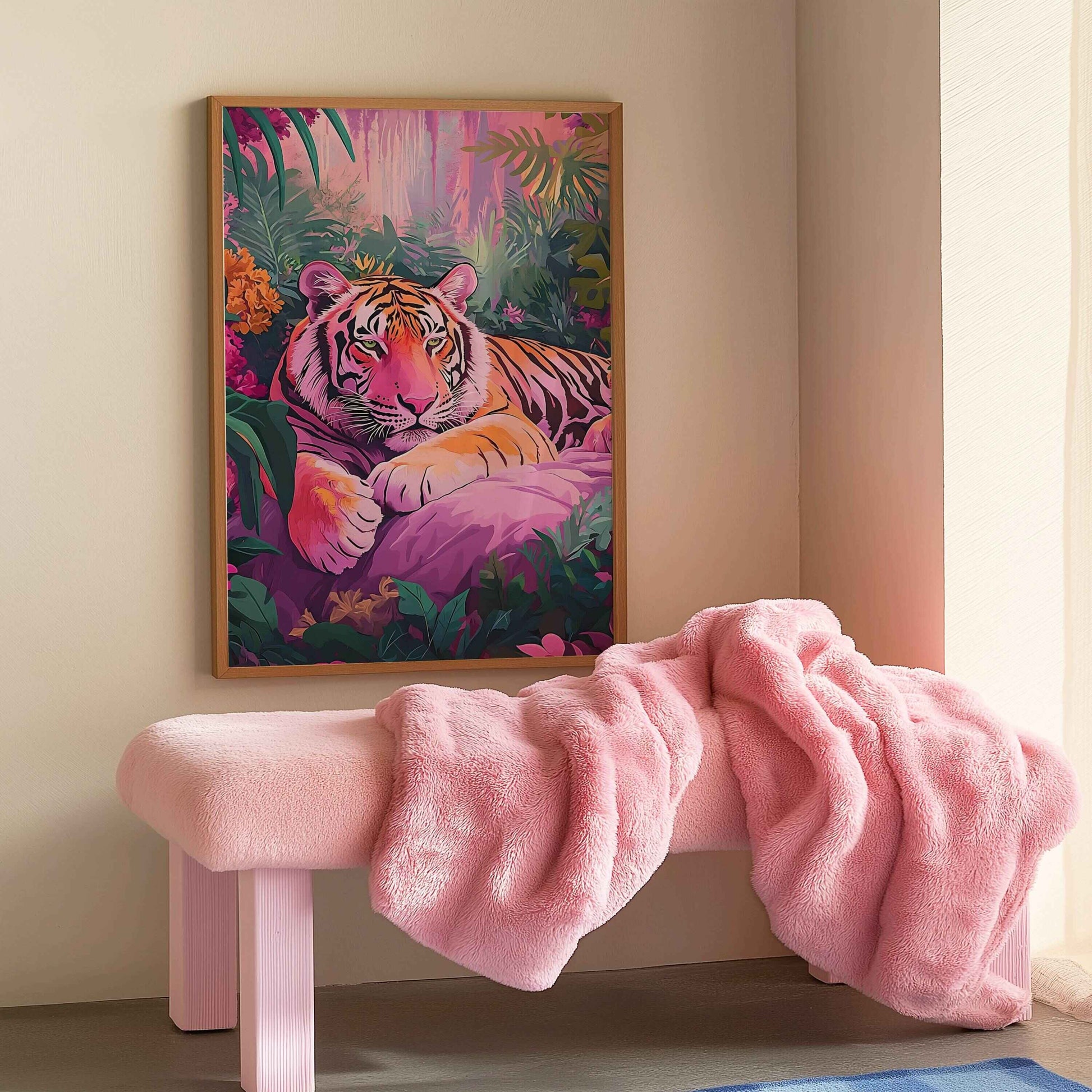 Tiger resting in an oasis, perfect for jungle-themed rooms.	