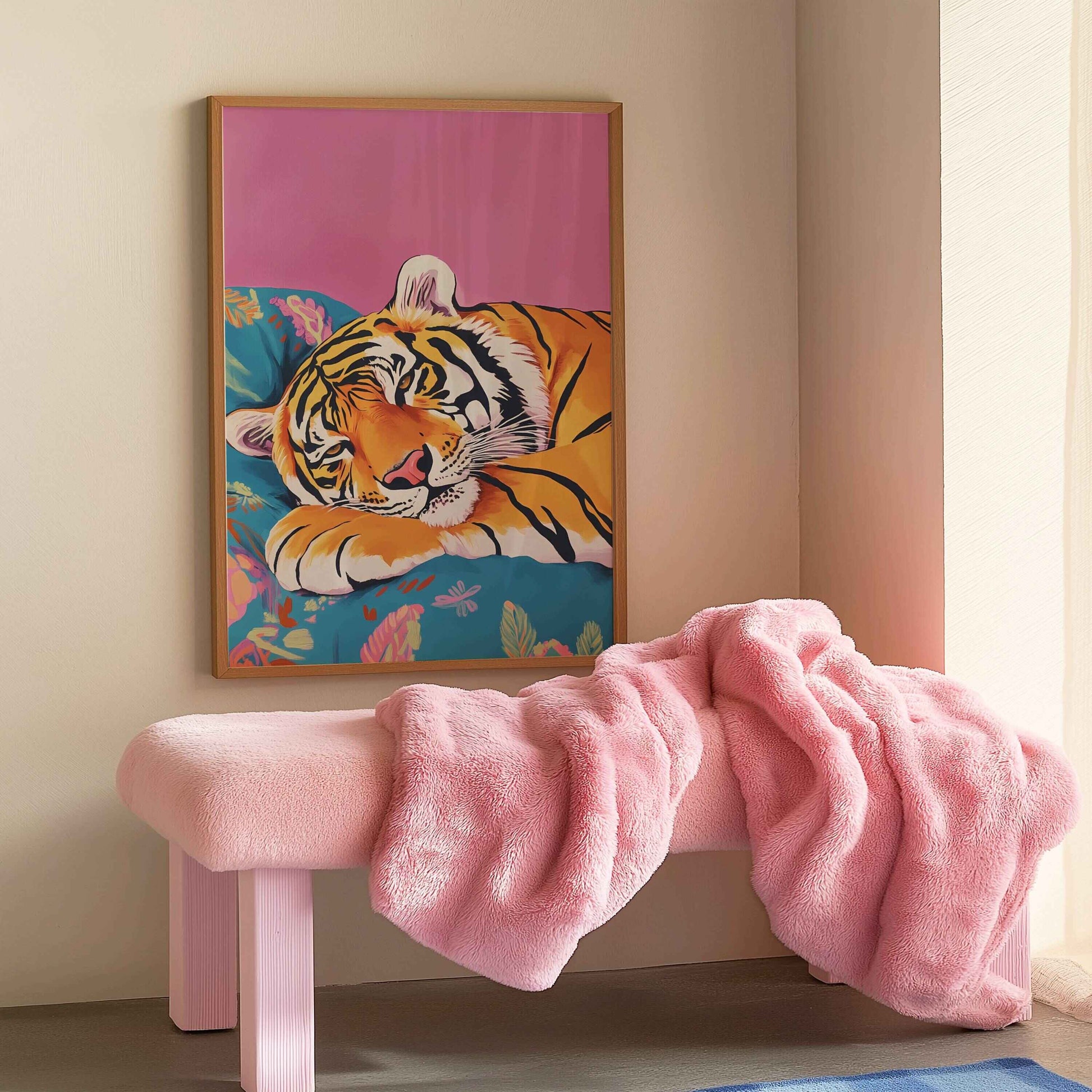 Calm sleepy tiger art for relaxed home interiors, peaceful animal prints, and unique wildlife decor.	