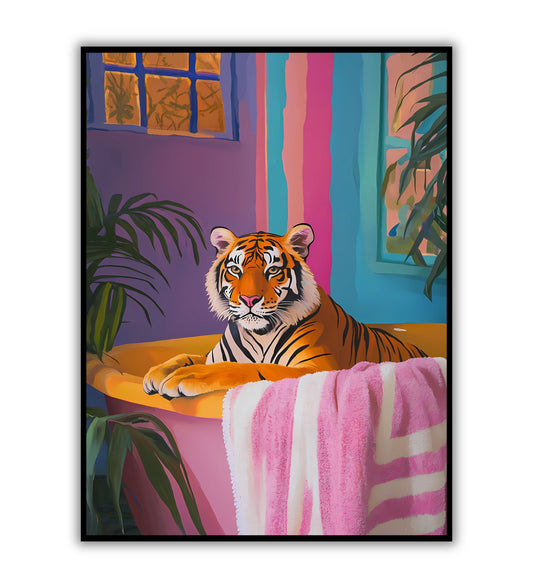 Tiger's bath poster for wildlife lovers, bold animal wall art, and unique room decor.