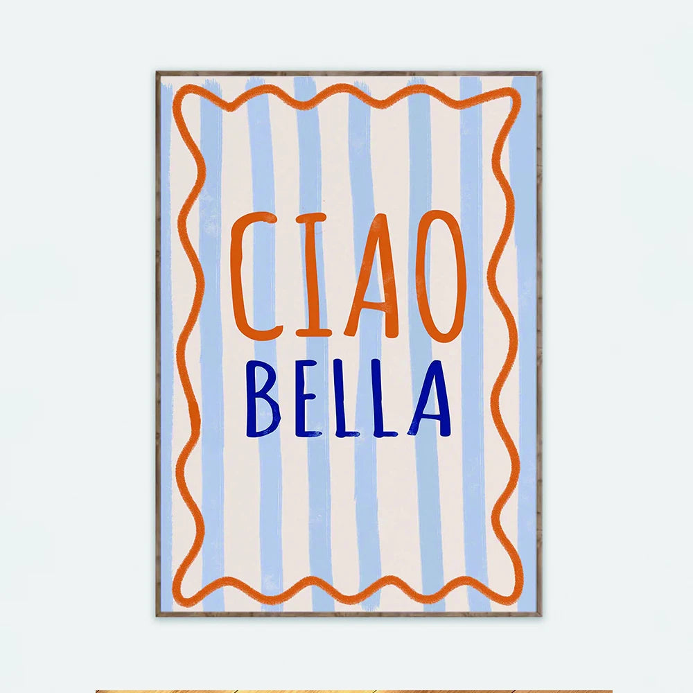 Stylish Ciao Bella canvas wall poster in soft blue tones


