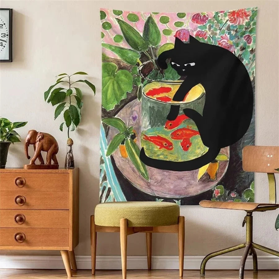 Cute kitty tapestry with tropical plants and fish bowl


