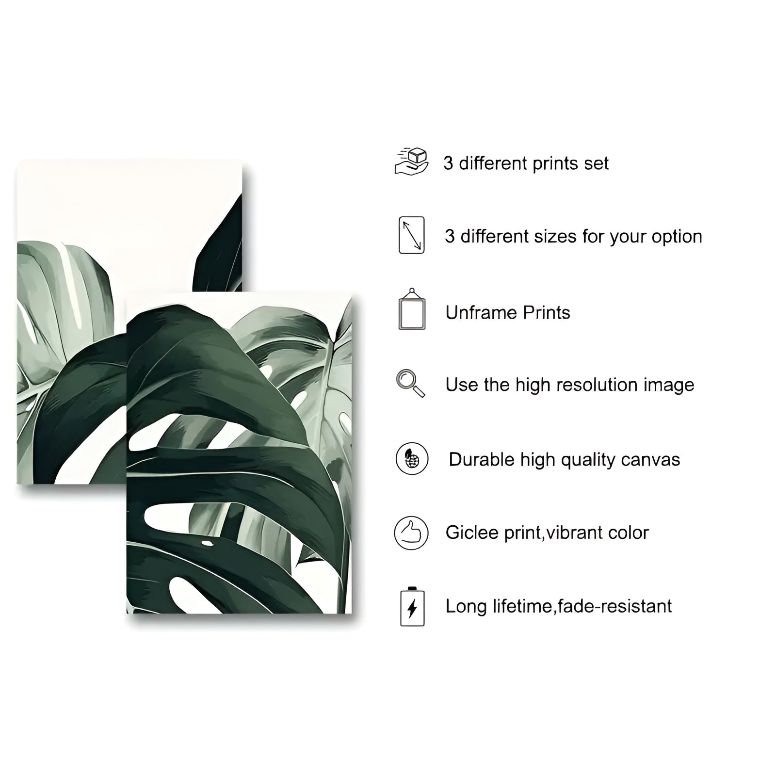 Tropical plant Monstera leaf canvas poster, modern botanical wall art triptych for bedroom, living room, and corridor decor.
