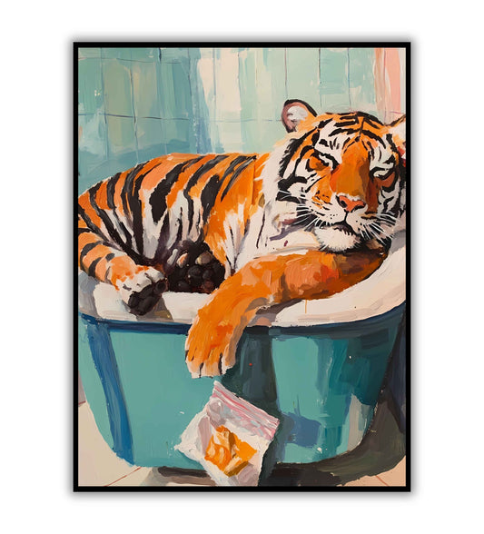 Whimsical tub time tiger wall art poster for playful spaces