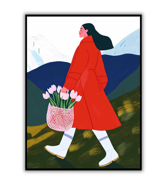 Tulip walk poster for floral wall art, colorful spring home decor, and vibrant flower prints.
