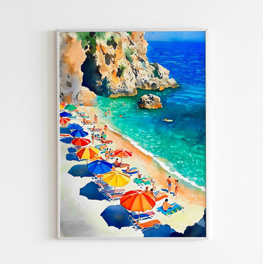 Umbrellas and waves ocean-themed wall art for bathroom decor