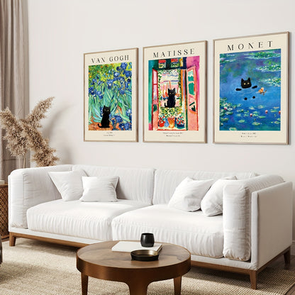 Elegant wall art featuring black cat, botanical elements, and famous artists
