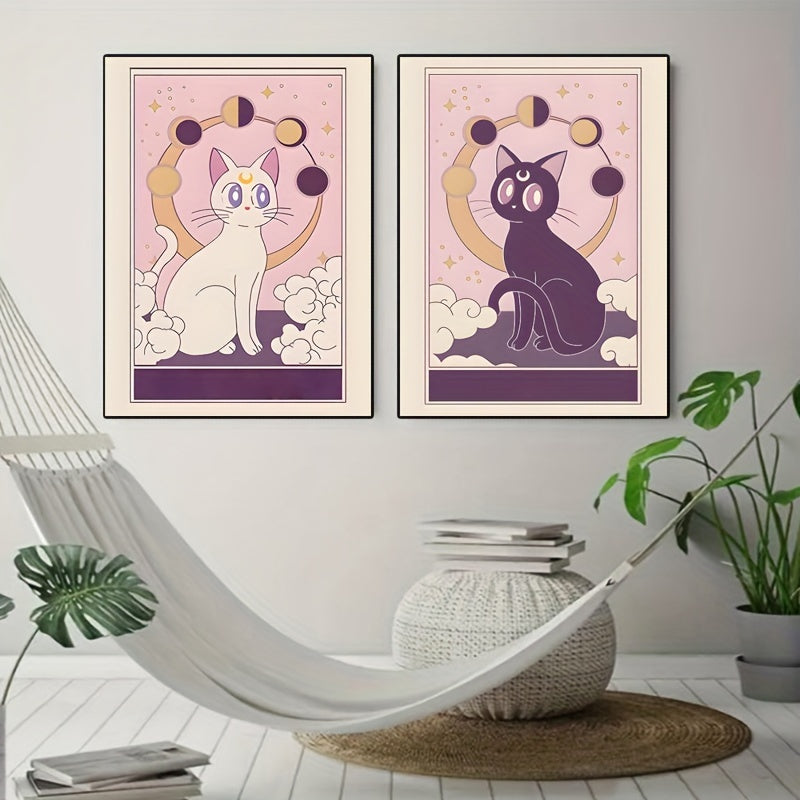 Whimsical Japanese black and white cat canvas prints for pet lovers
