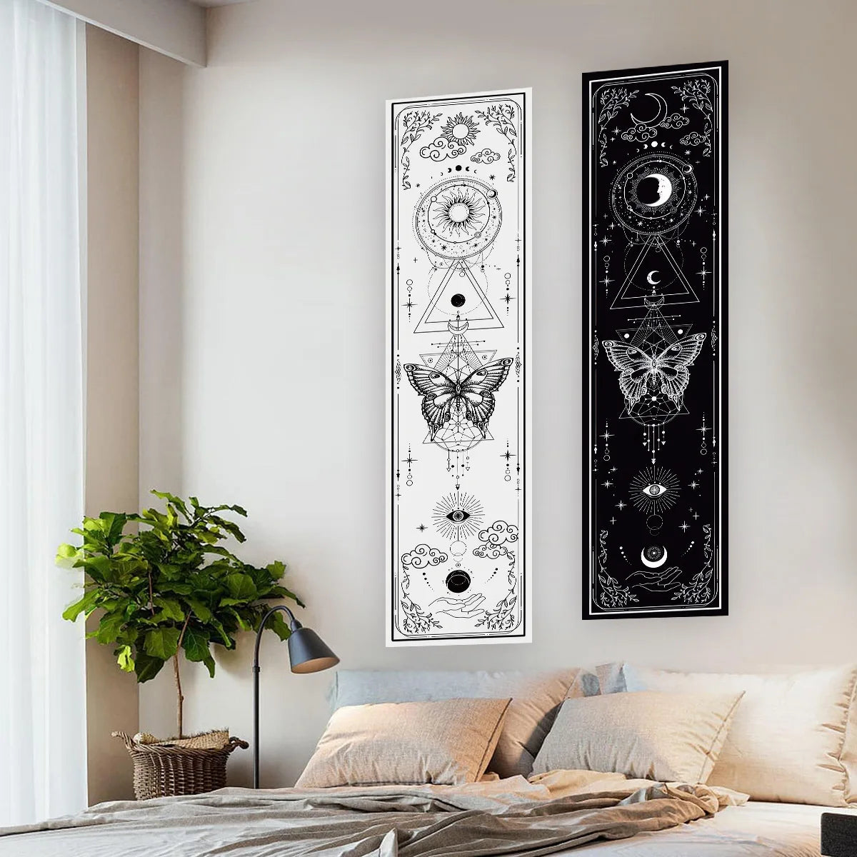 Black and white witchy aesthetic tapestry with celestial elements

