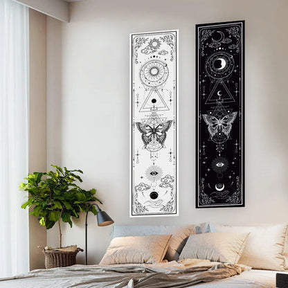 Black and white witchy aesthetic tapestry with celestial elements

