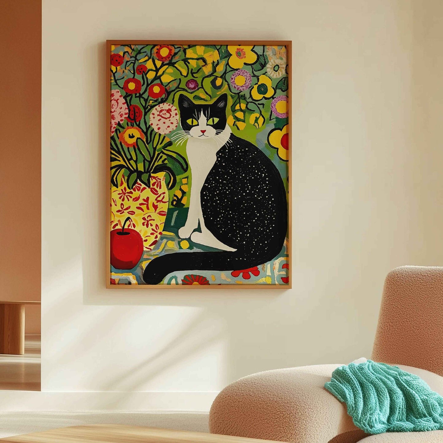 Vibrant Matisse-style cat print for artistic home interiors, abstract animal prints, and unique living room art.	