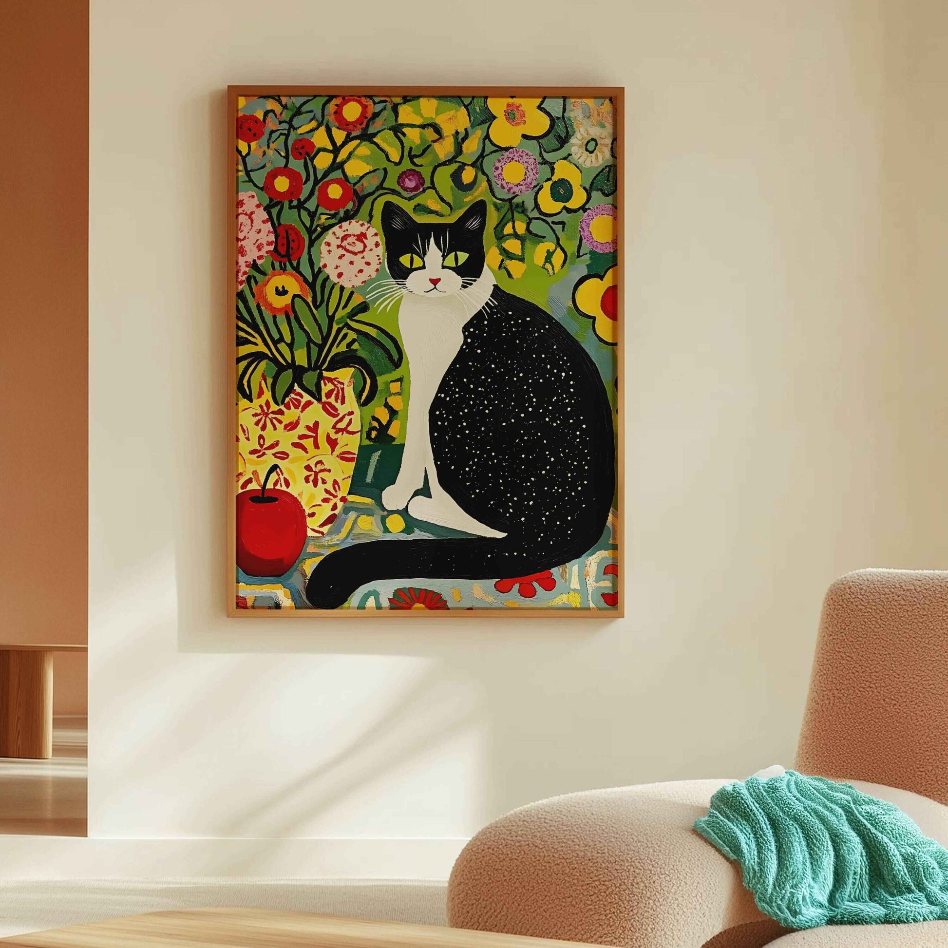 Vibrant Matisse-style cat print for artistic home interiors, abstract animal prints, and unique living room art.	