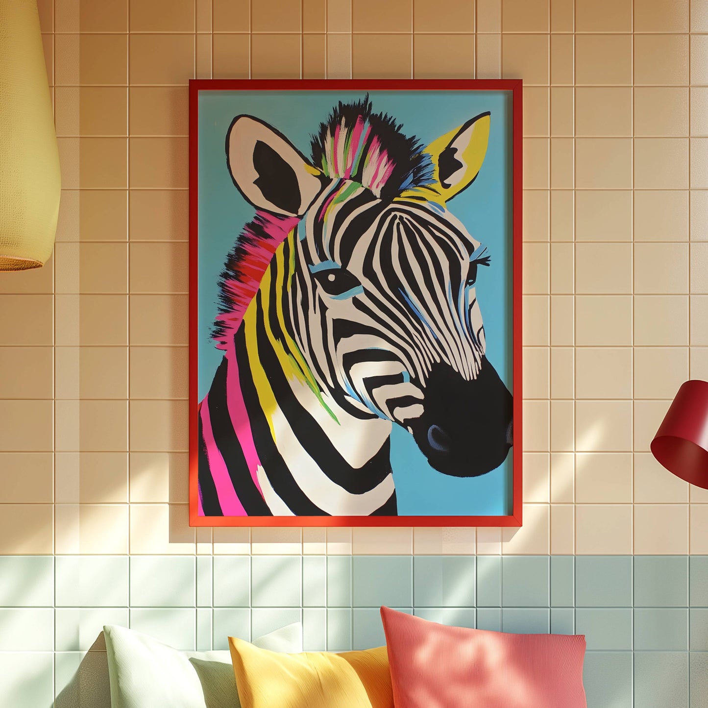 Colorful pop zebra abstract art print for bold wall styling
