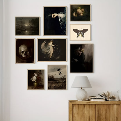 Elegant Victorian-inspired wall art set in dark academia style
