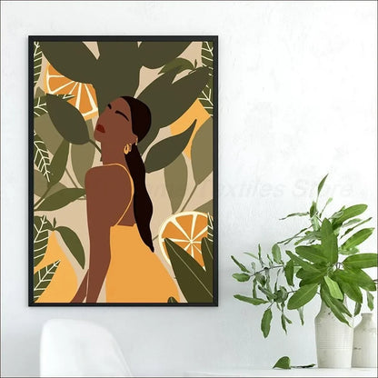 Vintage-style African woman flower painting for aesthetic interiors
