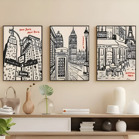 Set of three vintage city trio canvas paintings for stylish home walls
