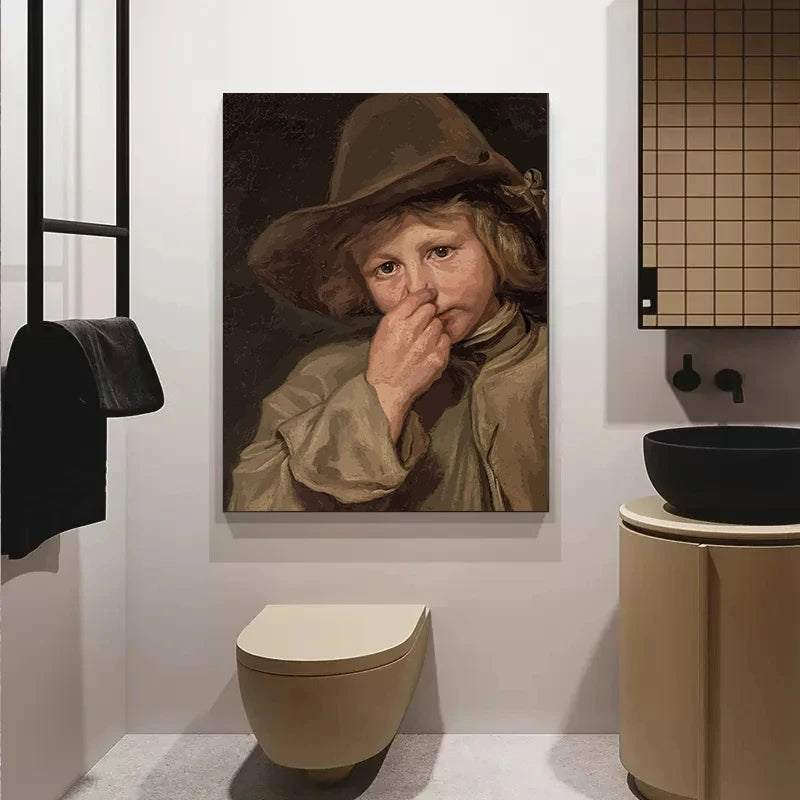 Mona Lisa and Girl with Roll Paper funny restroom poster decoration
