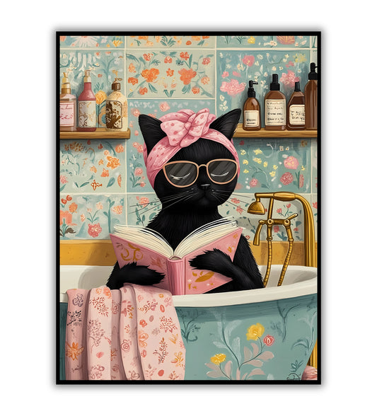 Vintage bathroom cat art for quirky wall decor.	