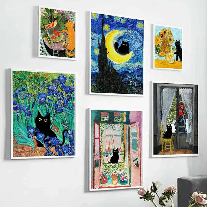 Vintage inspired black cat painting with famous Matisse Monet and Van Gogh art fusion
