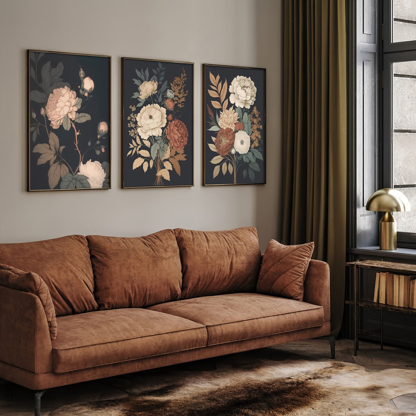 Vintage dark floral wall art set of 3 for home decor
