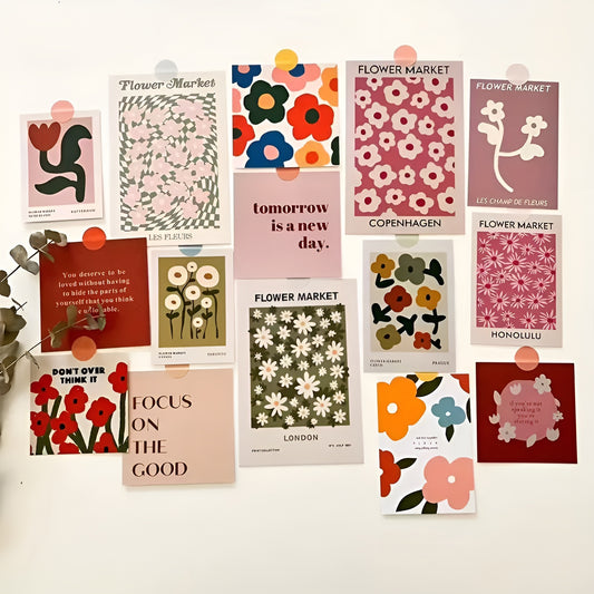 Vintage flower card set for creating an artistic collage wall in rental rooms
