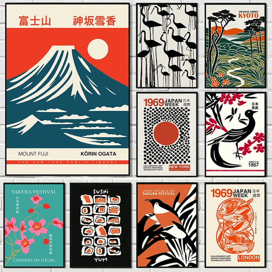 Vintage Japan culture poster with Mount Fuji landscape