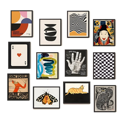 12pcs eclectic abstract wall art set with vintage maximalist aesthetic
