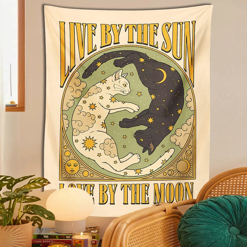 Vintage tarot-inspired sun moon cat wall cloth for bedroom

