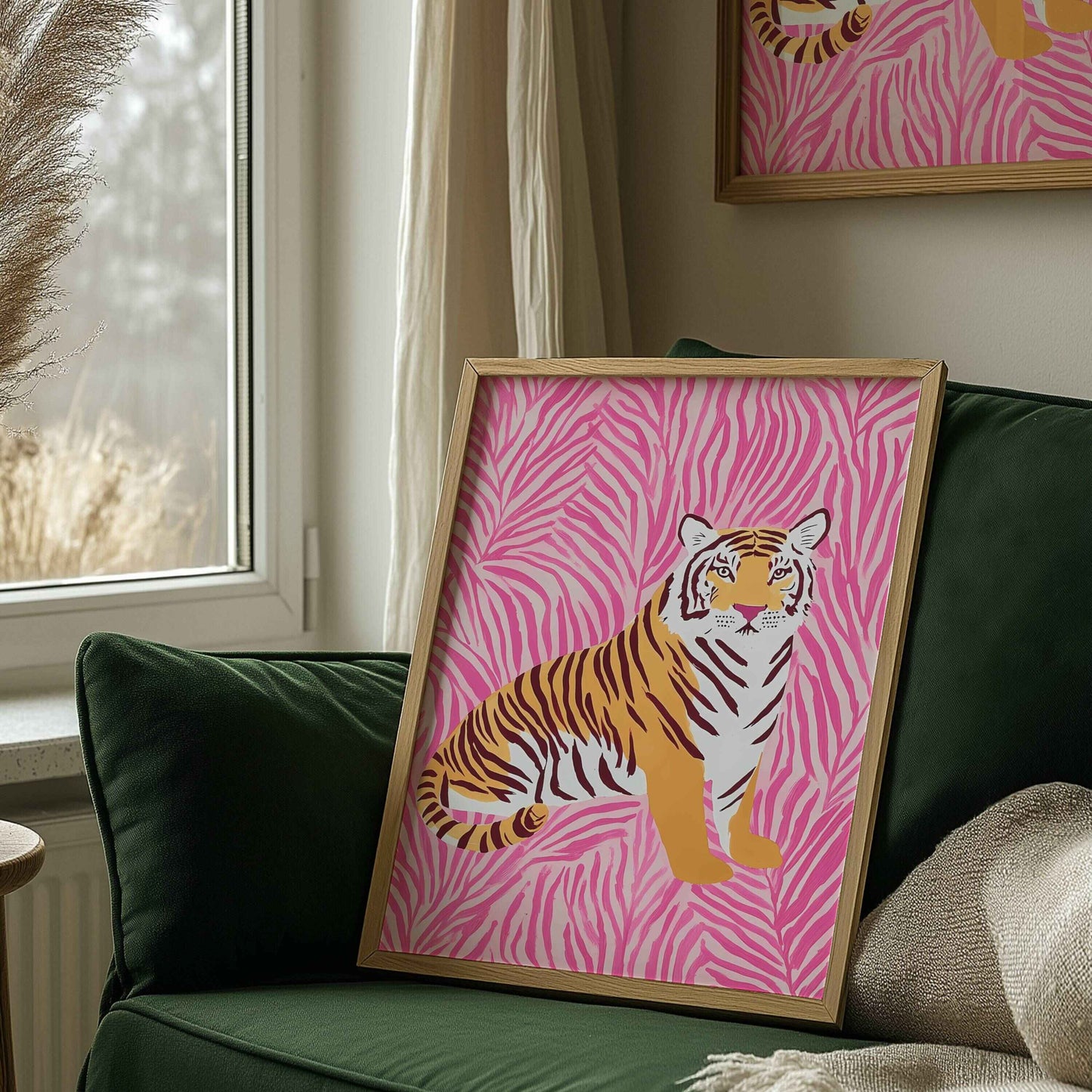 Vibrant retro tiger print for unique living room art, retro animal-themed decor, and bold room prints.	