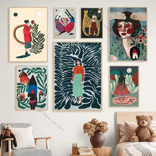 Vintage woman fish plants animal poster for stylish room decor.
