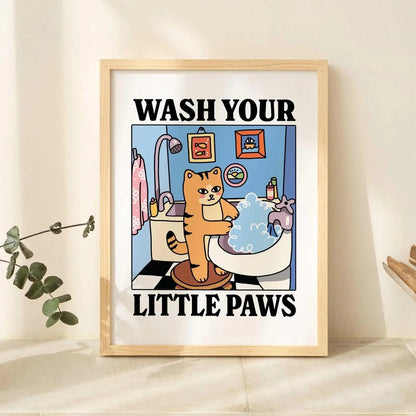 Wash paws kawaii cat canvas painting for nursery and bedroom

