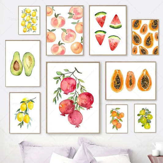 Watercolor fruit wall art poster with avocado, lemon, watermelon, peach, and papaya

