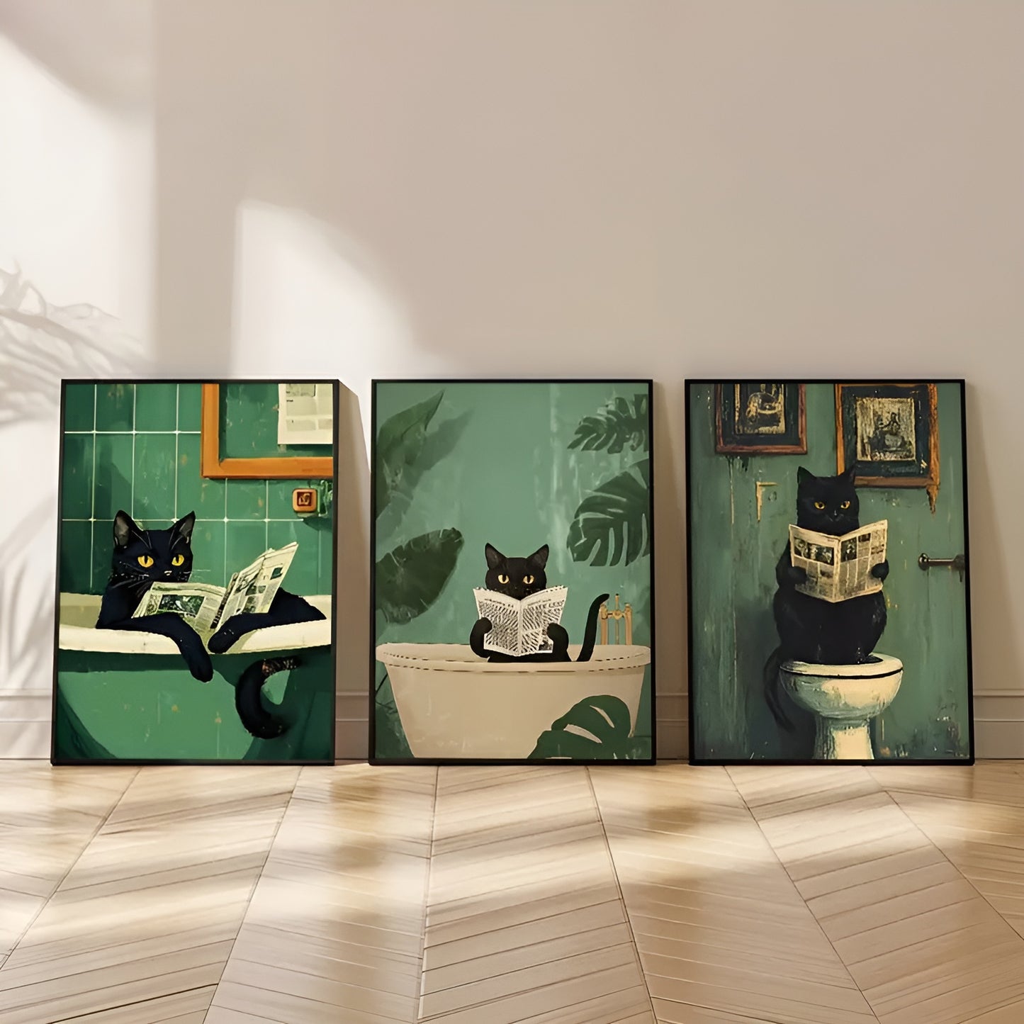 Set of 3 Whimsical Black Cat Bathroom Wall Art