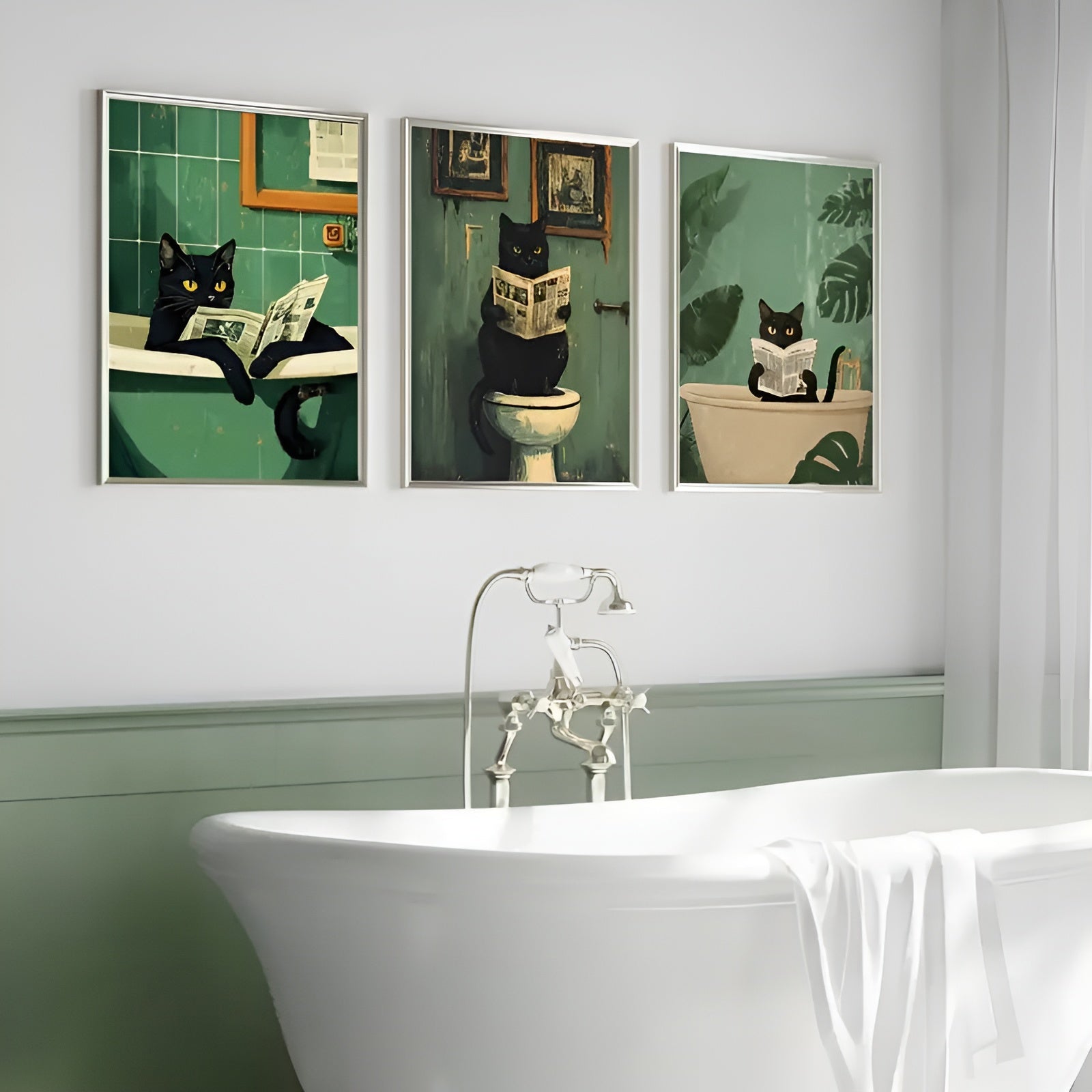 Whimsical black cat canvas prints for bathroom and home decor.
