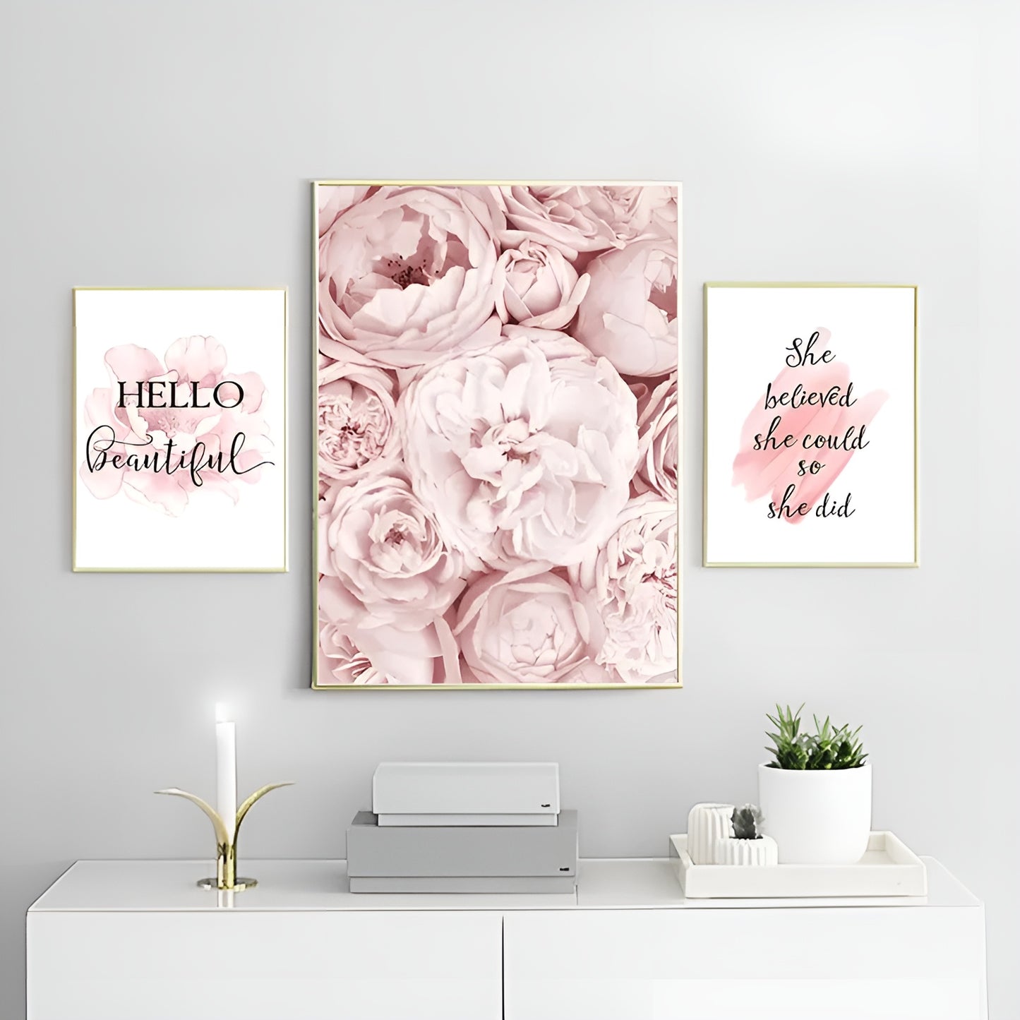 Set of 3 Nordic Fashion Pink Peony Flower Canvas Wall Art