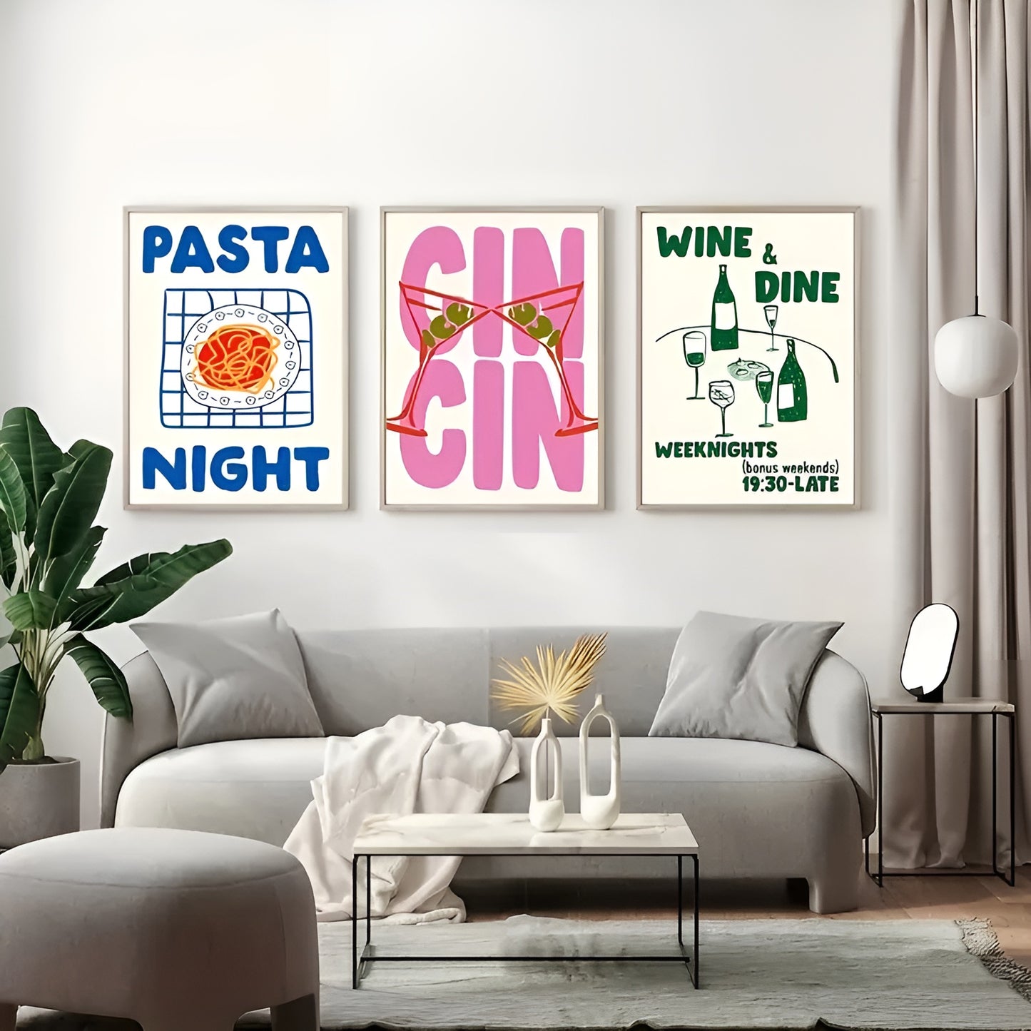 Set of 3 modern art canvas posters featuring 'Pasta Night,' 'Gin,' and 'Wine & Dine'
