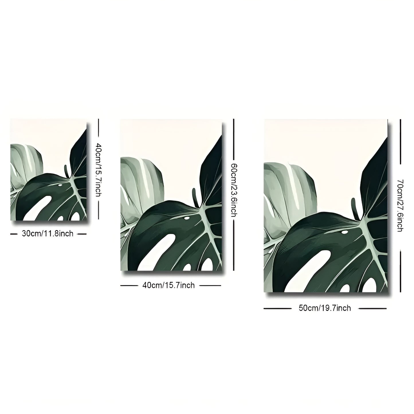 Set of 3 Monstera leaf botanical prints, vibrant tropical plant canvas art for home and room decoration.
