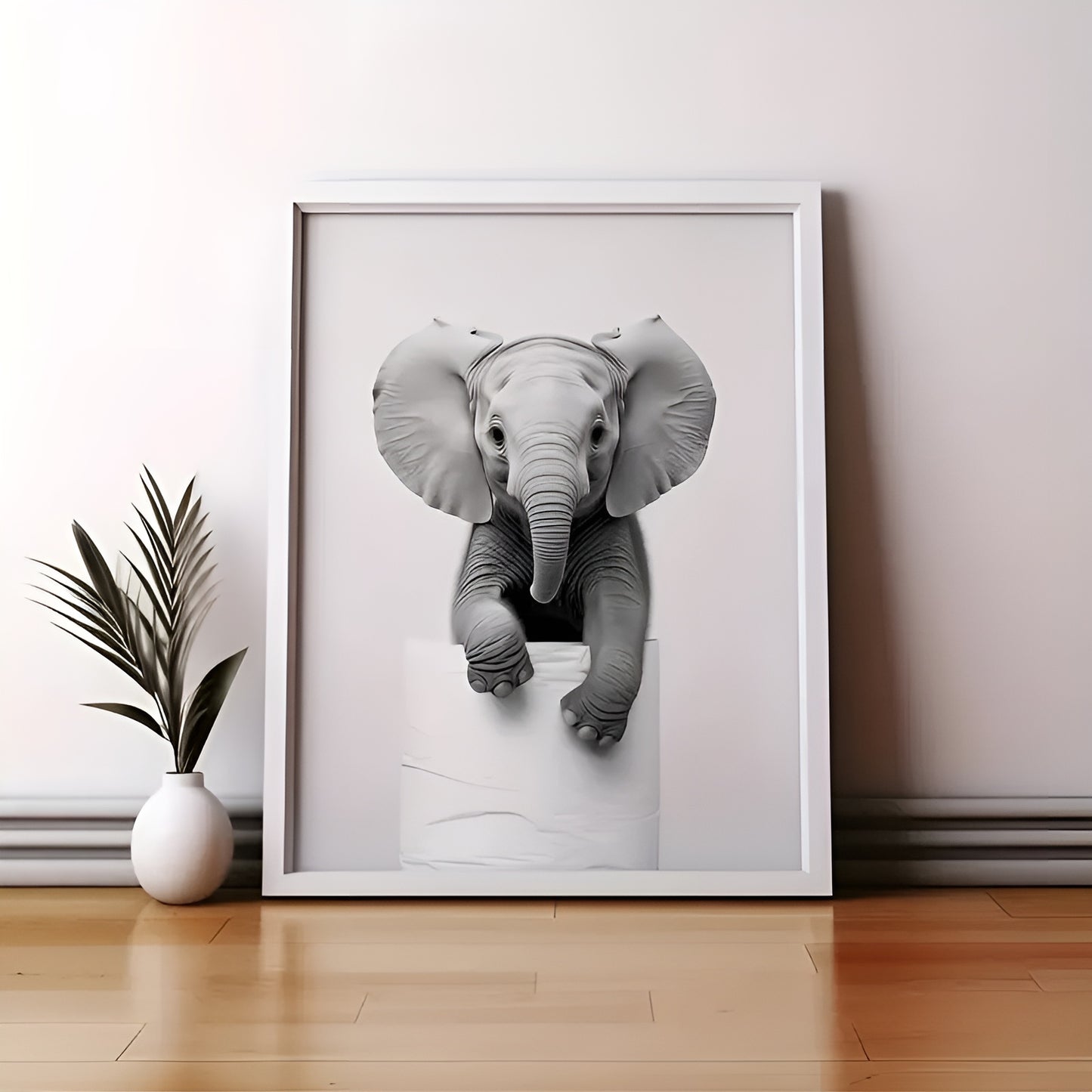 playful lion and elephant black and white wall art with toilet paper
