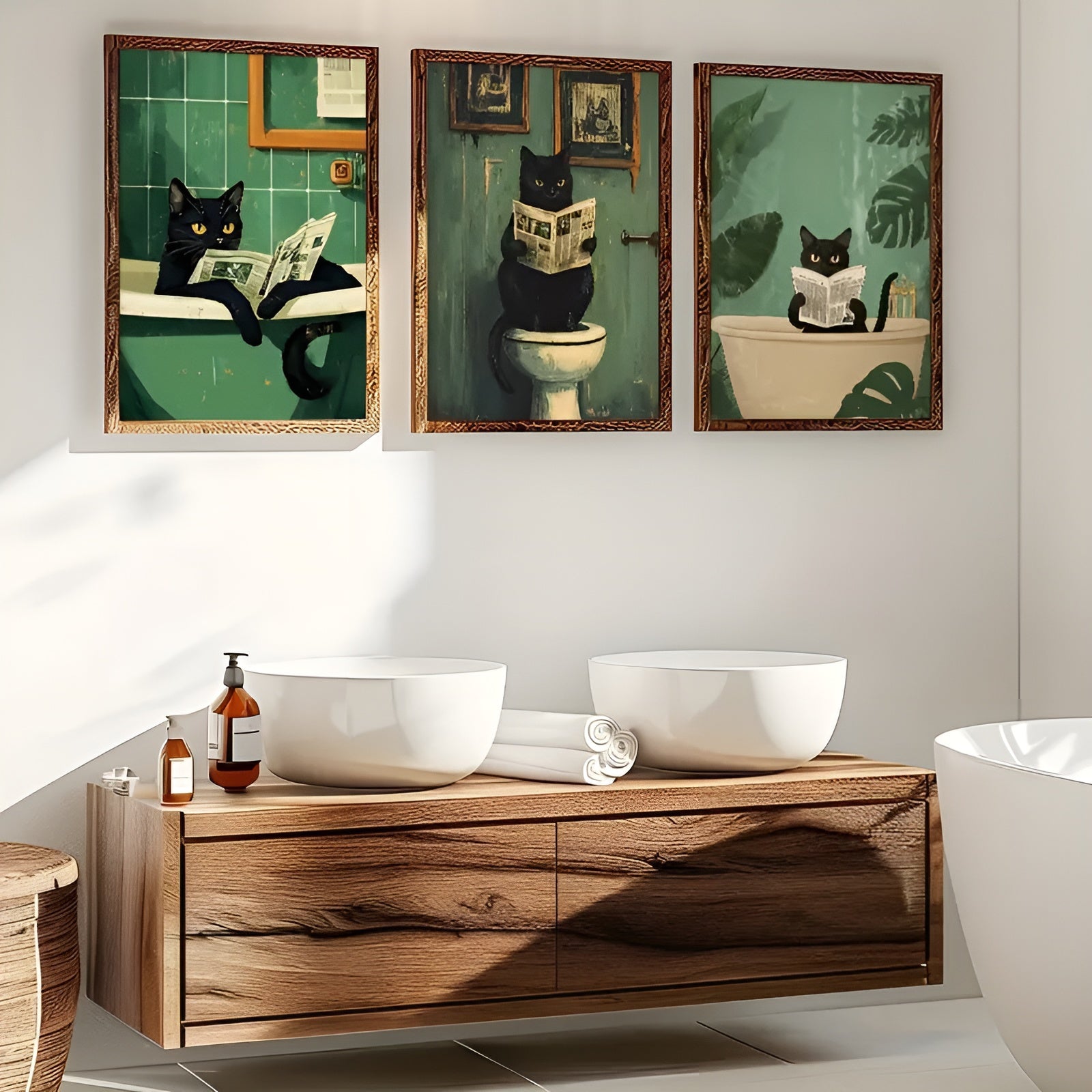 Set of 3 retro animal portraits featuring black cats on canvas.
