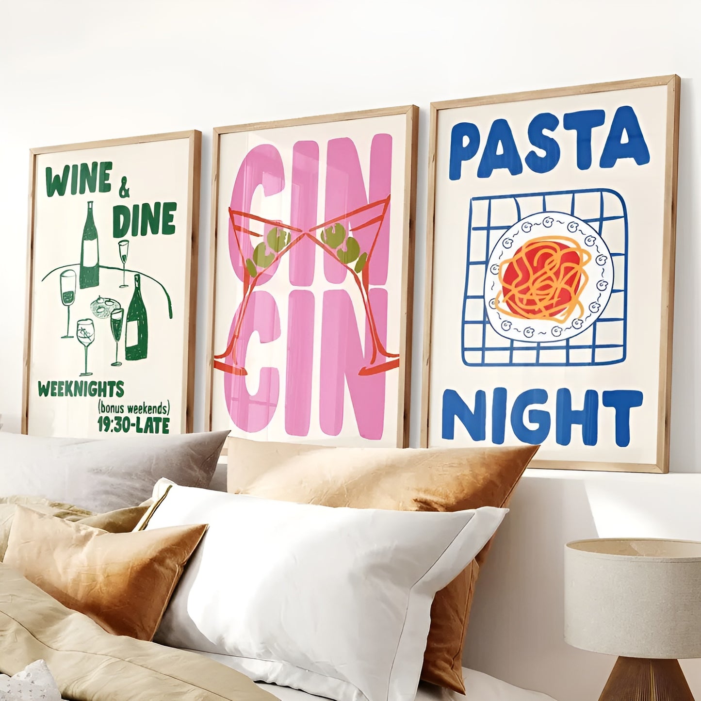 'Pasta Night,' 'Gin,' and 'Wine & Dine' canvas prints for stylish home decoration
