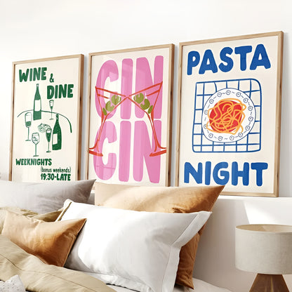 'Pasta Night,' 'Gin,' and 'Wine & Dine' canvas prints for stylish home decoration
