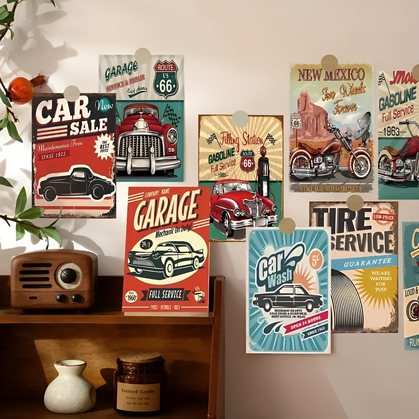 Retro industrial wall collage kit with vintage car prints for home decoration
