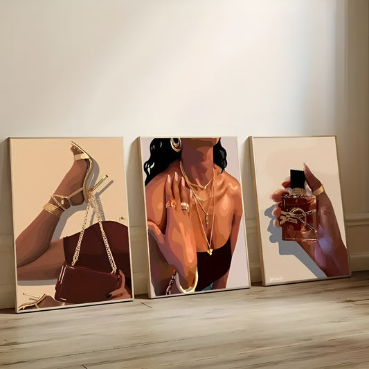 Chic cartoon and anime-themed Black girl canvas prints for bedroom decoration
