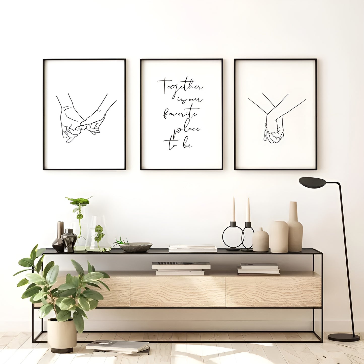 Modern abstract line art canvas prints featuring holding hands and a sweet together quote for minimalist spaces.
