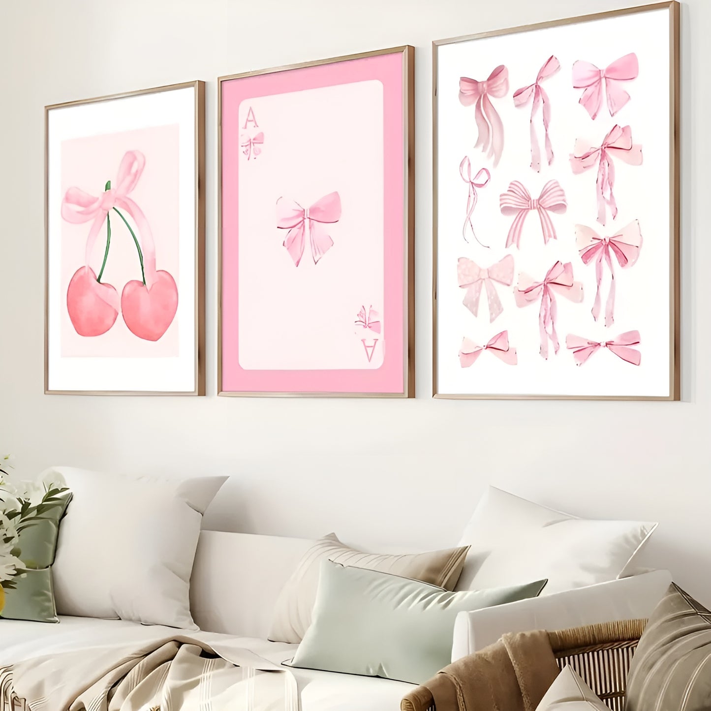 Set of 3 pink cherry bows trendy canvas posters for girly wall decor
