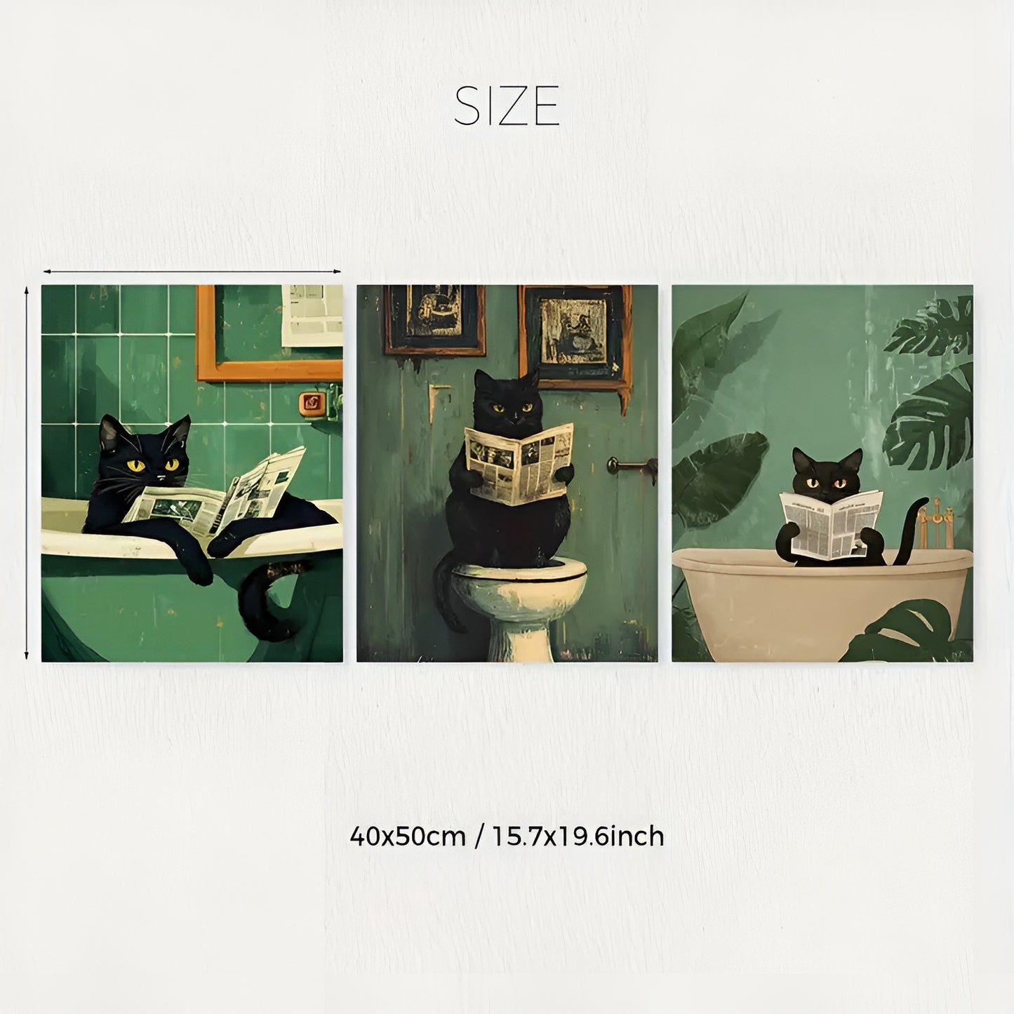 Set of 3 Whimsical Black Cat Bathroom Wall Art