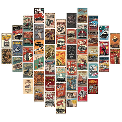 Set of 50 Vintage Car Aesthetic Wall Poster Kit