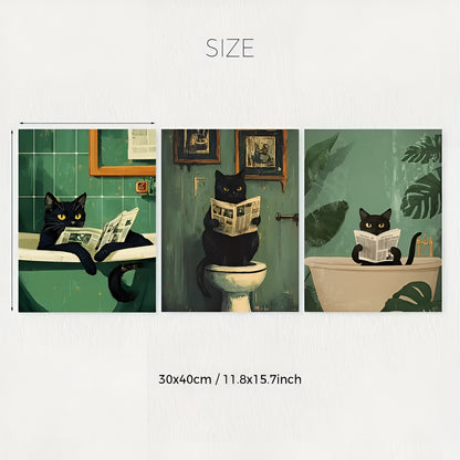 Set of 3 Whimsical Black Cat Bathroom Wall Art