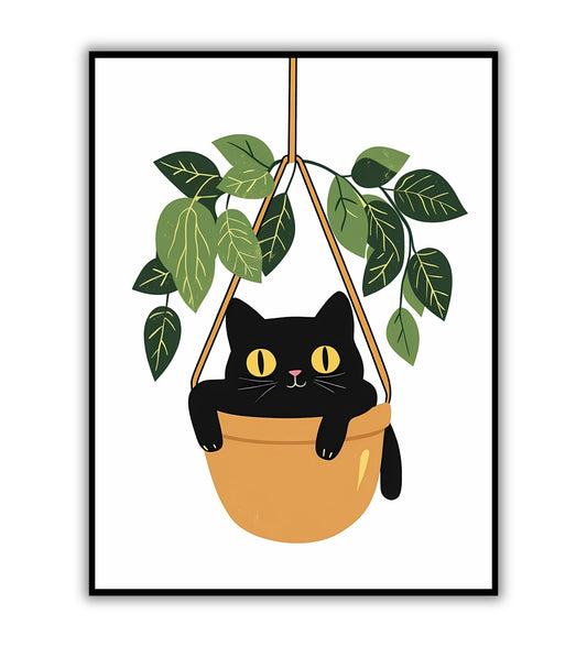 Whimsical hanging cat poster for fun home decor, quirky cat prints, and playful living room art.