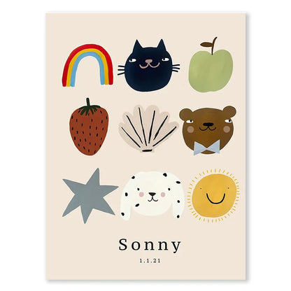 Animal nursery wall art with dog goose and rabbit cartoon characters

