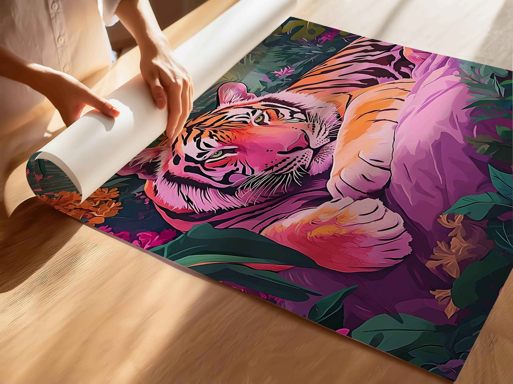 Wildlife-inspired Tiger’s Oasis print for living room walls.
